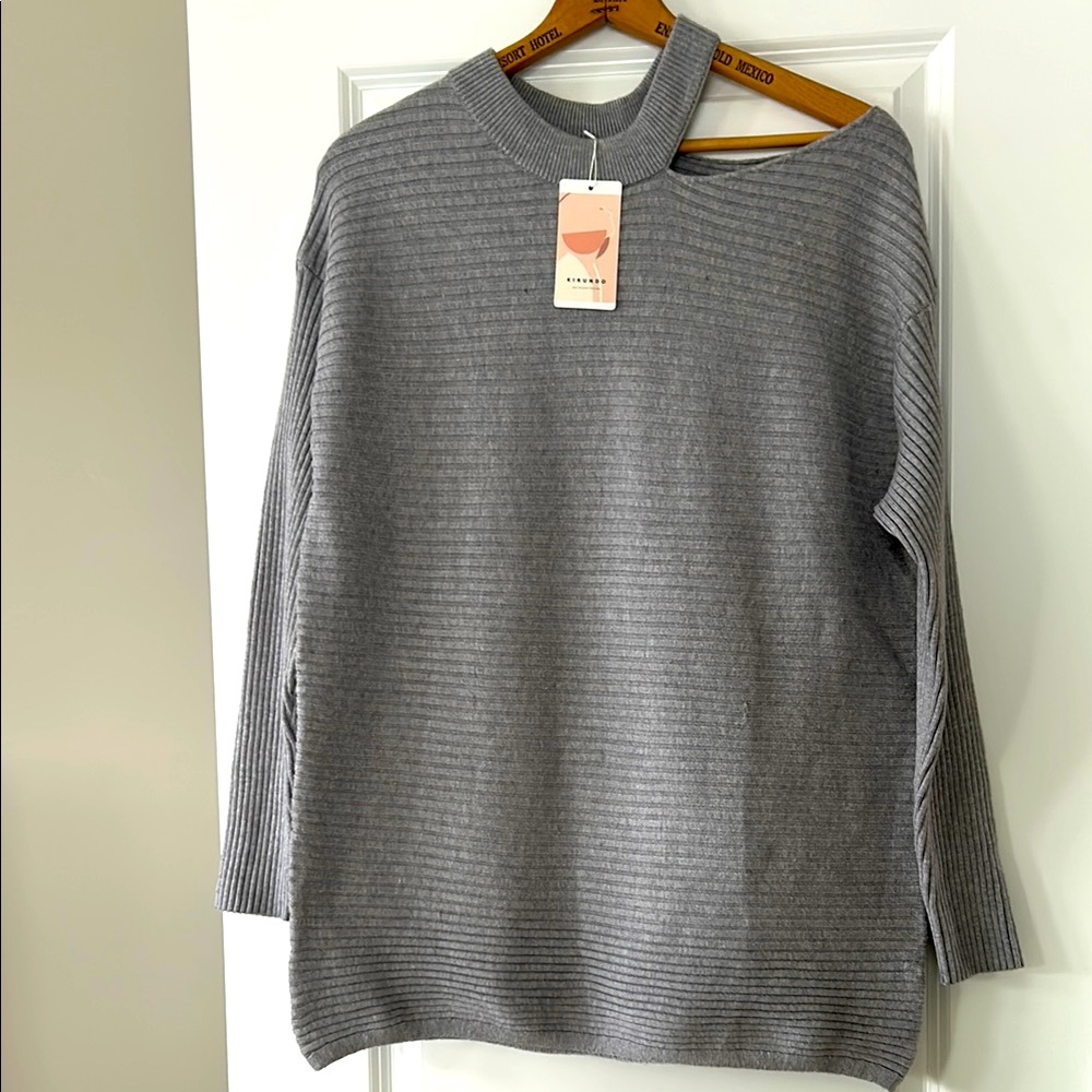 ⭐️NWT!⭐️Kirundo Grey Ribbed Knit Sweater w Cut Out Neck Sz XL with MEASUREMENTS!